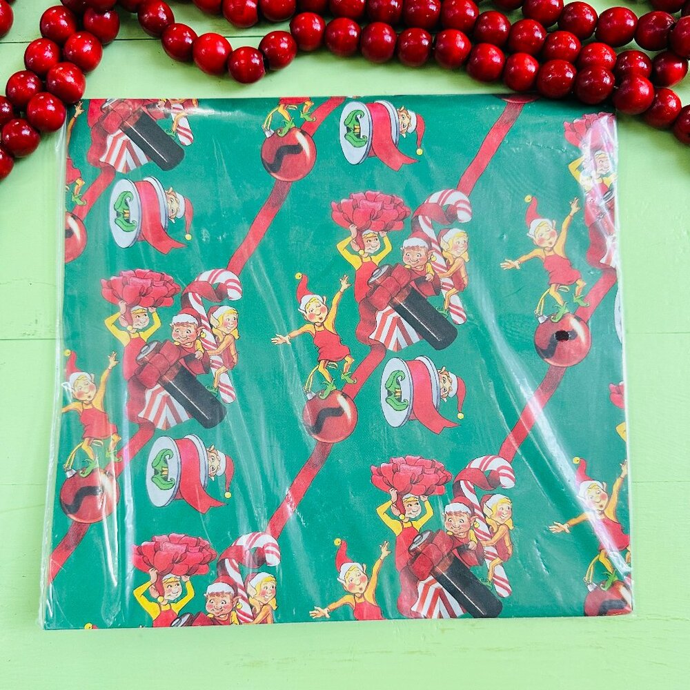 Vintage Christmas Wrapping Paper 1990s Elves Xmas Gift Wrapping Paper